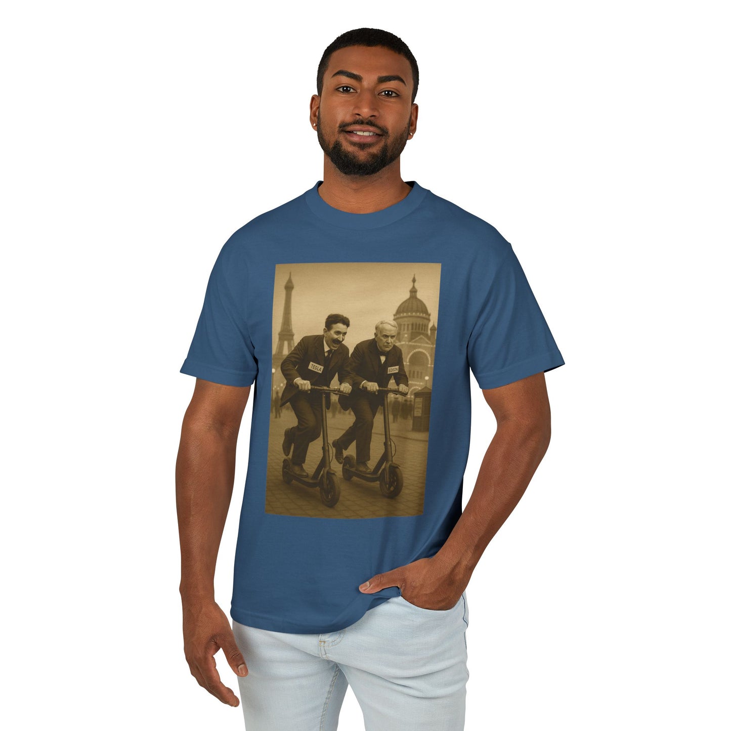 Tesla v. Edison E-Scooter Race 1893 Anachronistic Mashup Unisex Tee