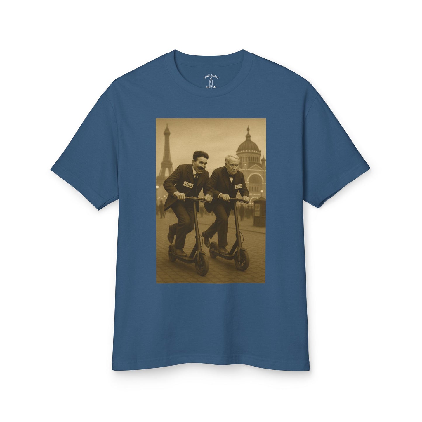 Tesla v. Edison E-Scooter Race 1893 Anachronistic Mashup Unisex Tee