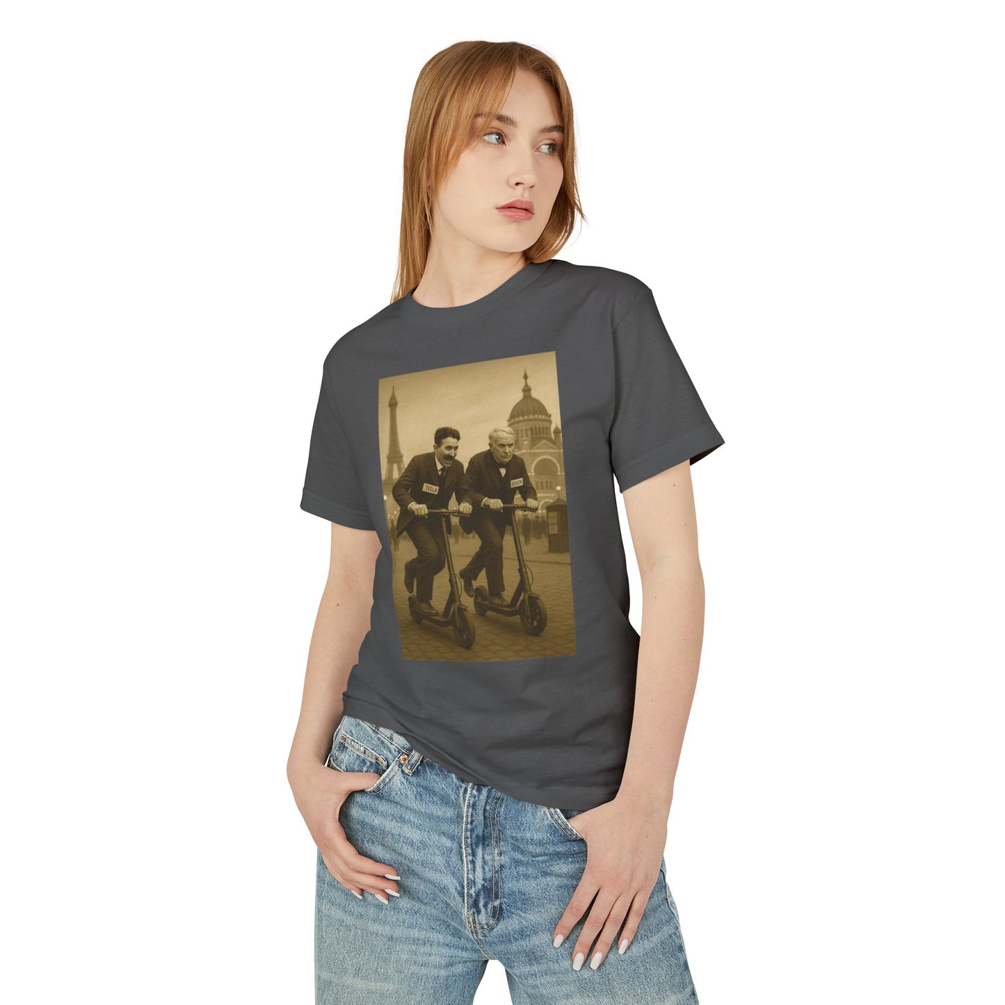 Tesla v. Edison E-Scooter Race 1893 Anachronistic Mashup Unisex Tee