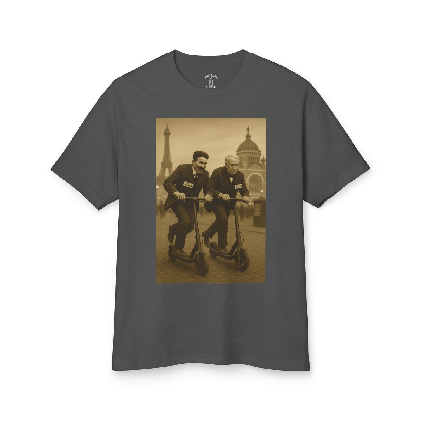 Tesla v. Edison E-Scooter Race 1893 Anachronistic Mashup Unisex Tee