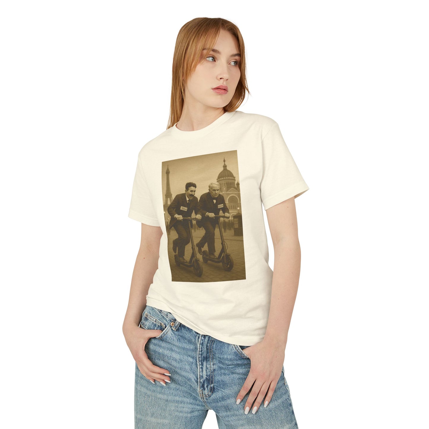Tesla v. Edison E-Scooter Race 1893 Anachronistic Mashup Unisex Tee
