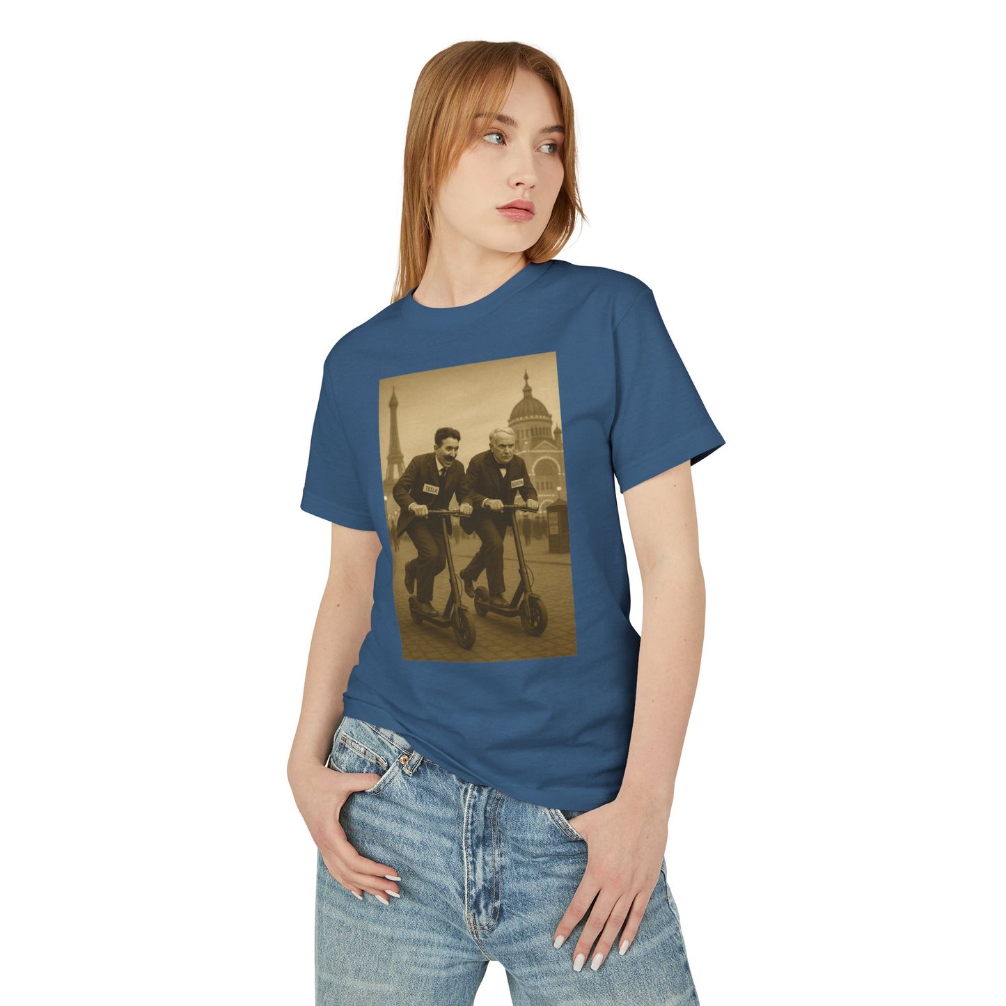 Tesla v. Edison E-Scooter Race 1893 Anachronistic Mashup Unisex Tee