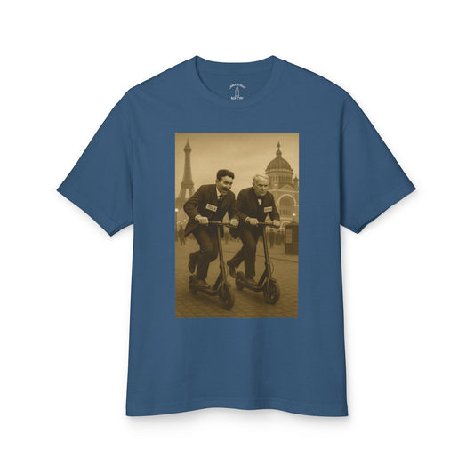 Tesla v. Edison E-Scooter Race 1893 Anachronistic Mashup Unisex Tee