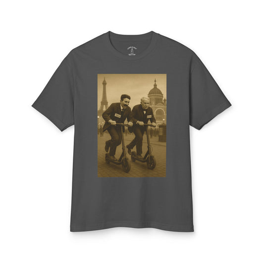 Tesla v. Edison E-Scooter Race 1893 Anachronistic Mashup Unisex Tee