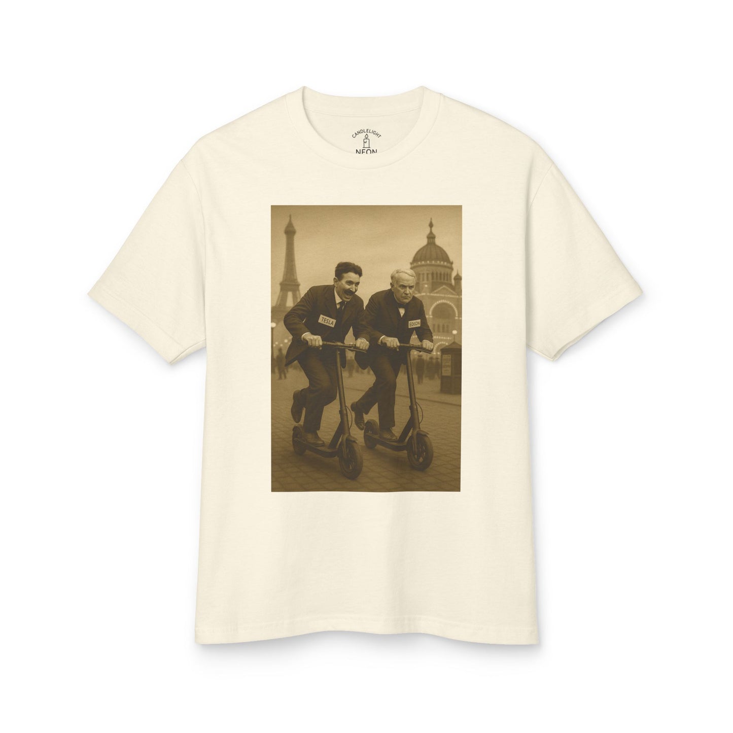 Tesla v. Edison E-Scooter Race 1893 Anachronistic Mashup Unisex Tee